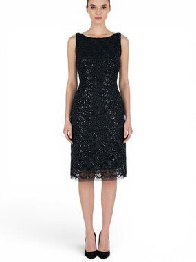 SD Collection Black Scalloped Sequin Sleeveless Stretch Evening Sheath Dress 8